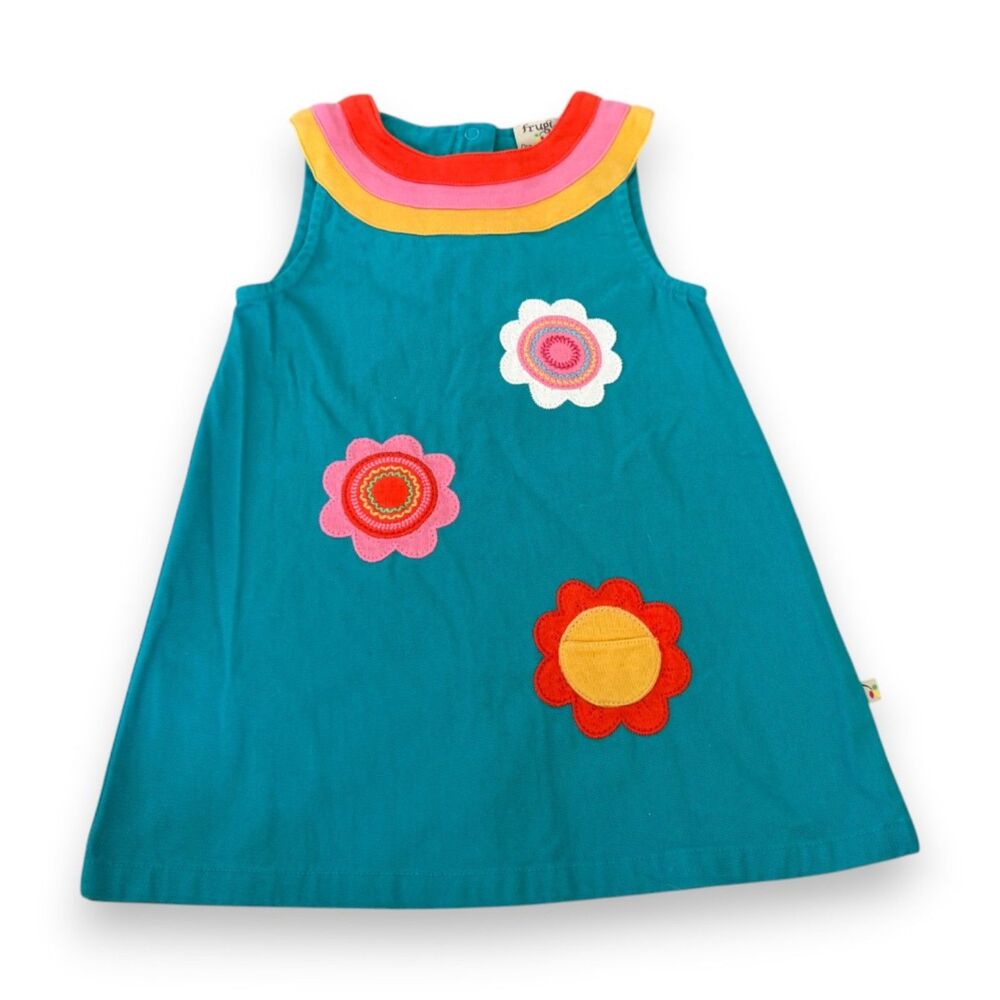 Frugi Teal Floral Pinafore with Striped Neck Accent 18-24 Months